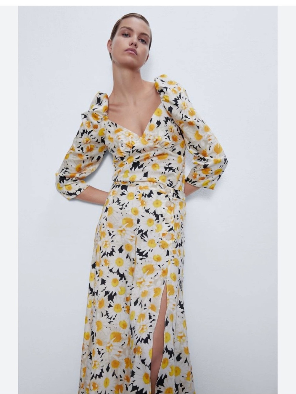 Matching Set Top & Skirt, Yellow & White Daisy A-Line Midi Skirt